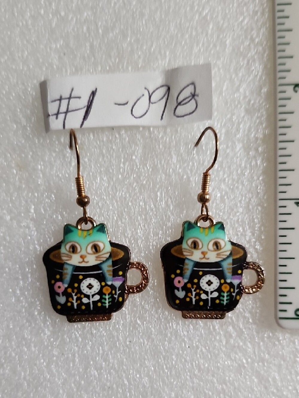 Hand Crafted Black Cat-in-Teacup Floral Earrings - Picture 2 of 3